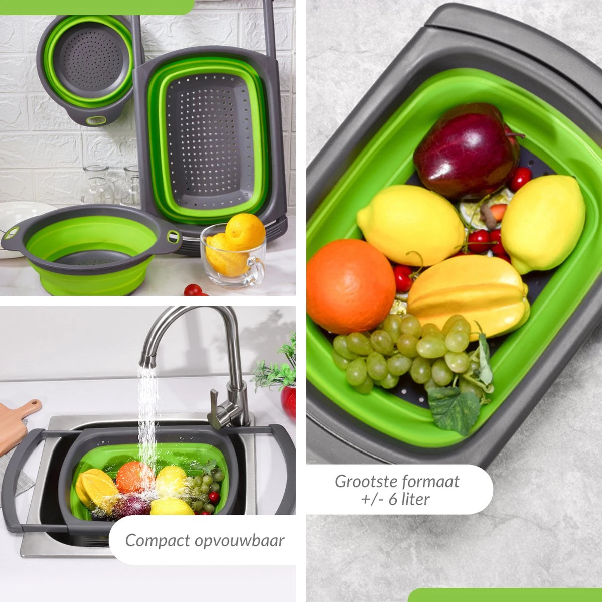 Buxibo - 3-Delige Keuken Vergiet Set Inklapbaar Groen/Grijs - Afbeelding 8