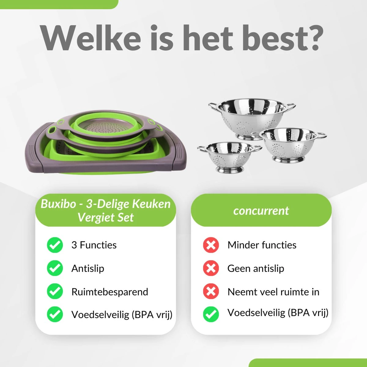 Buxibo - 3-Delige Keuken Vergiet Set Inklapbaar Groen/Grijs - Afbeelding 13