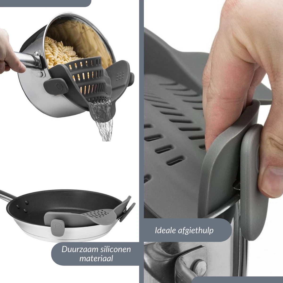 SensaHome- Siliconen Vergiet - Keuken Afgietdeksel - Afgiethulp - Siliconen - BPA Vrij - Grijs - Afbeelding 2