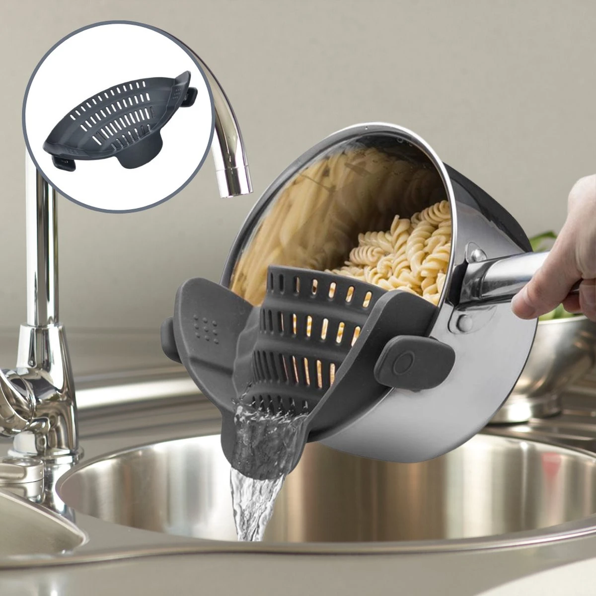 SensaHome- Siliconen Vergiet - Keuken Afgietdeksel - Afgiethulp - Siliconen - BPA Vrij - Grijs - Afbeelding 3