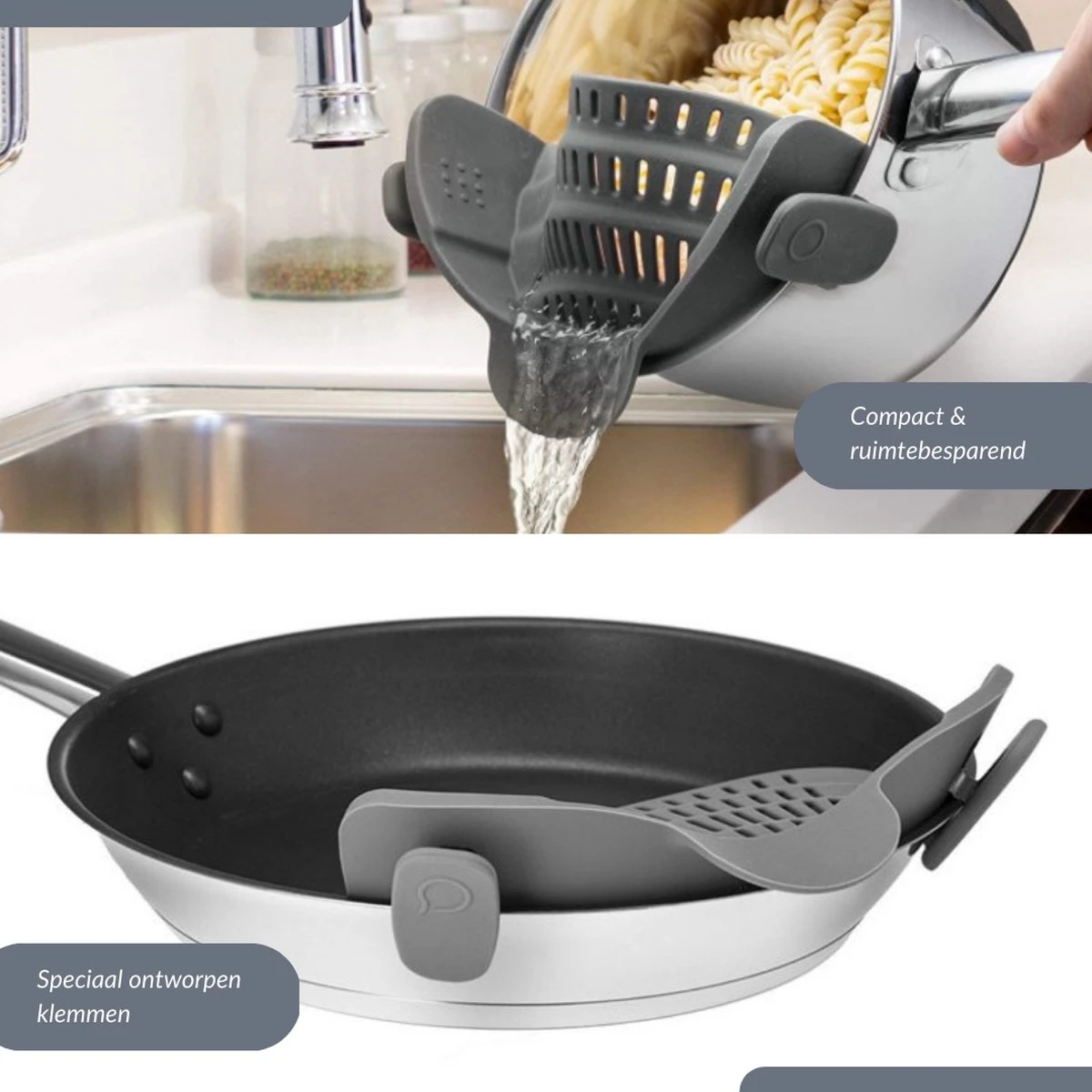 SensaHome- Siliconen Vergiet - Keuken Afgietdeksel - Afgiethulp - Siliconen - BPA Vrij - Grijs - Afbeelding 6