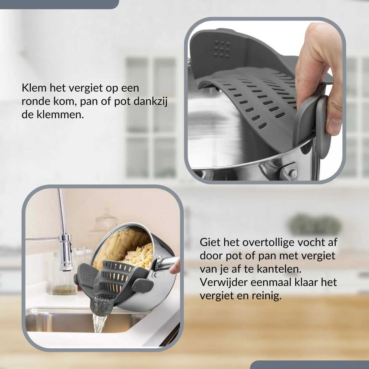 SensaHome- Siliconen Vergiet - Keuken Afgietdeksel - Afgiethulp - Siliconen - BPA Vrij - Grijs - Afbeelding 13