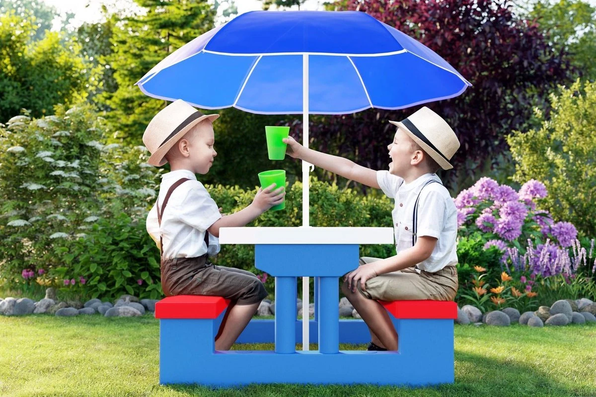 Merkloos Kinder Picknicktafel Met Parasol - Blauw - Afbeelding 6