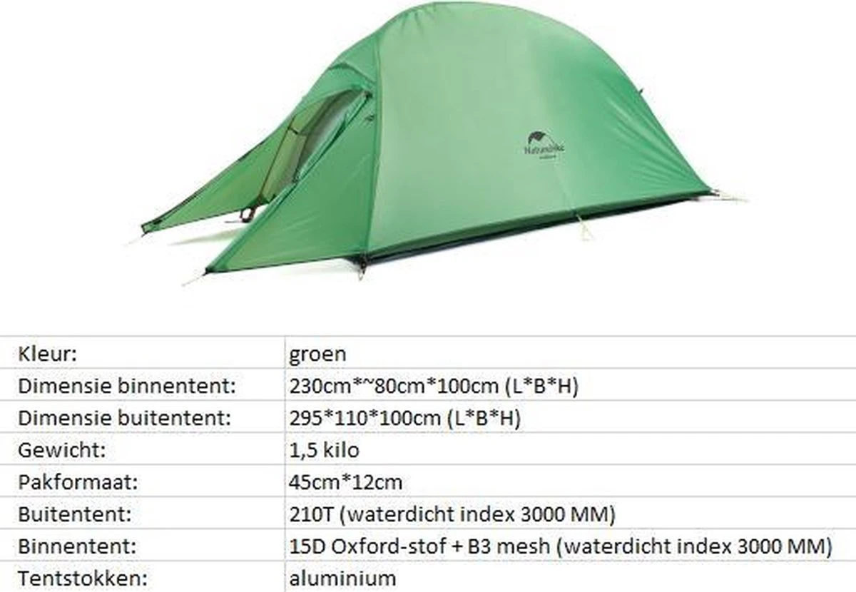 Cloud Up 1 Upgraded - Naturehike® - 1 Persoons Tent - Lichtgewicht Tent - Incl. Grondzeil - 210T 3000mm - Outdoor - Waterdicht - Hiking & Wandelen - Afbeelding 11