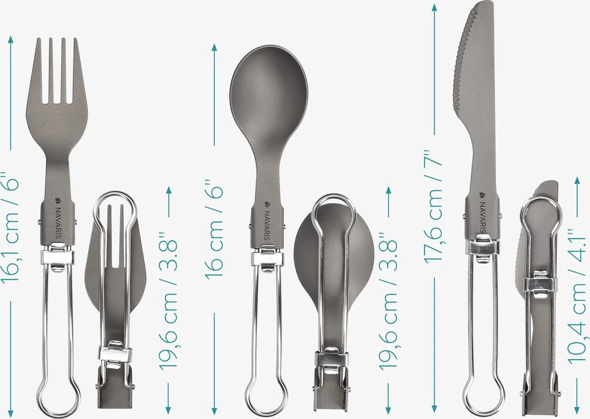 Navaris Campingbestek Van Titanium - Set Met Vork, Mes En Lepel - Inklapbaar - Bestekset Voor Onderweg - Inclusief Karabijnhaak En Bewaarzakje - Afbeelding 9