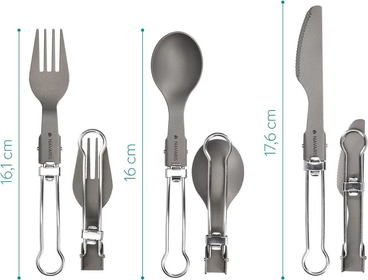 Navaris Campingbestek Van Titanium - Set Met Vork, Mes En Lepel - Inklapbaar - Bestekset Voor Onderweg - Inclusief Karabijnhaak En Bewaarzakje - Afbeelding 4