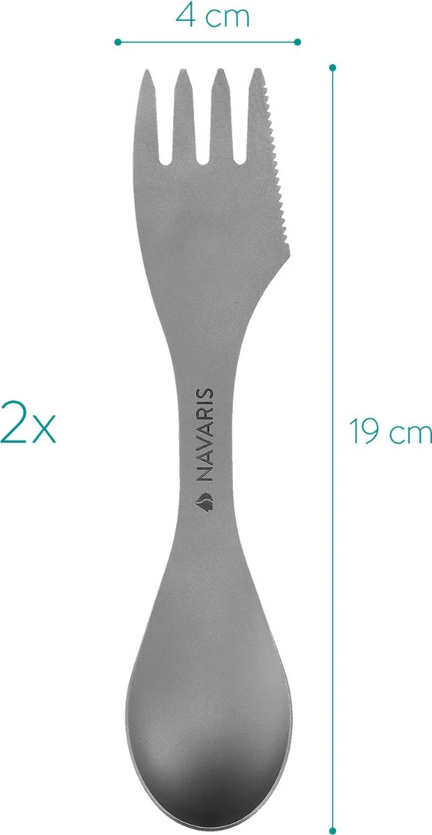 Navaris 2x Spork Titanium Campingbestek - Vork, Mes En Lepel In één - Bestek Voor Onderweg En Op Reis - Lichtgewicht - Inclusief Bewaarzakje - Afbeelding 5