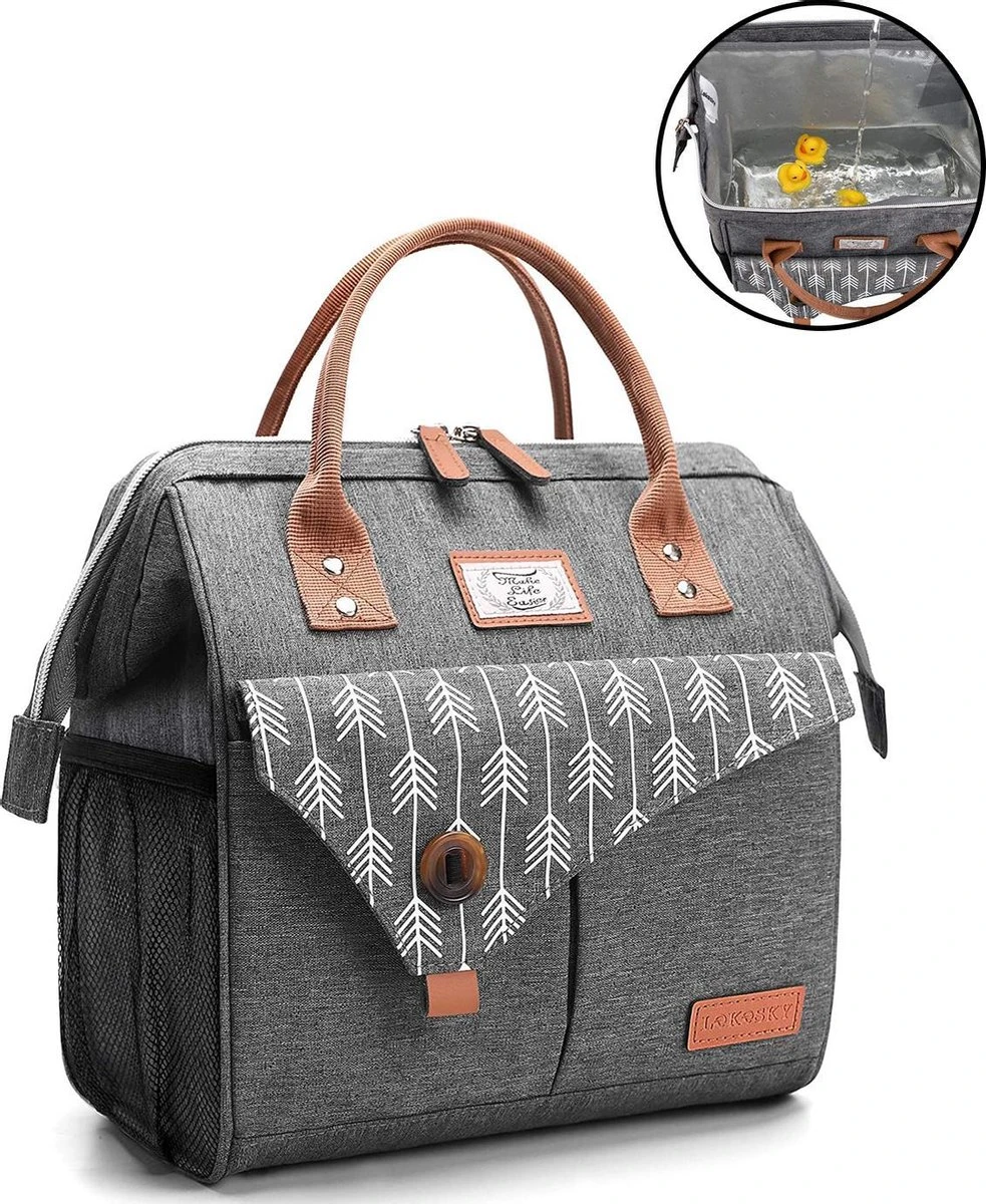 HN® Lunchtas Grijs Pijlen, Geïsoleerde Koeltas, Lekvrij, Extra Grote Opening Voor De Lunch Box, 25×16,5×26cm Design Heren En Dames